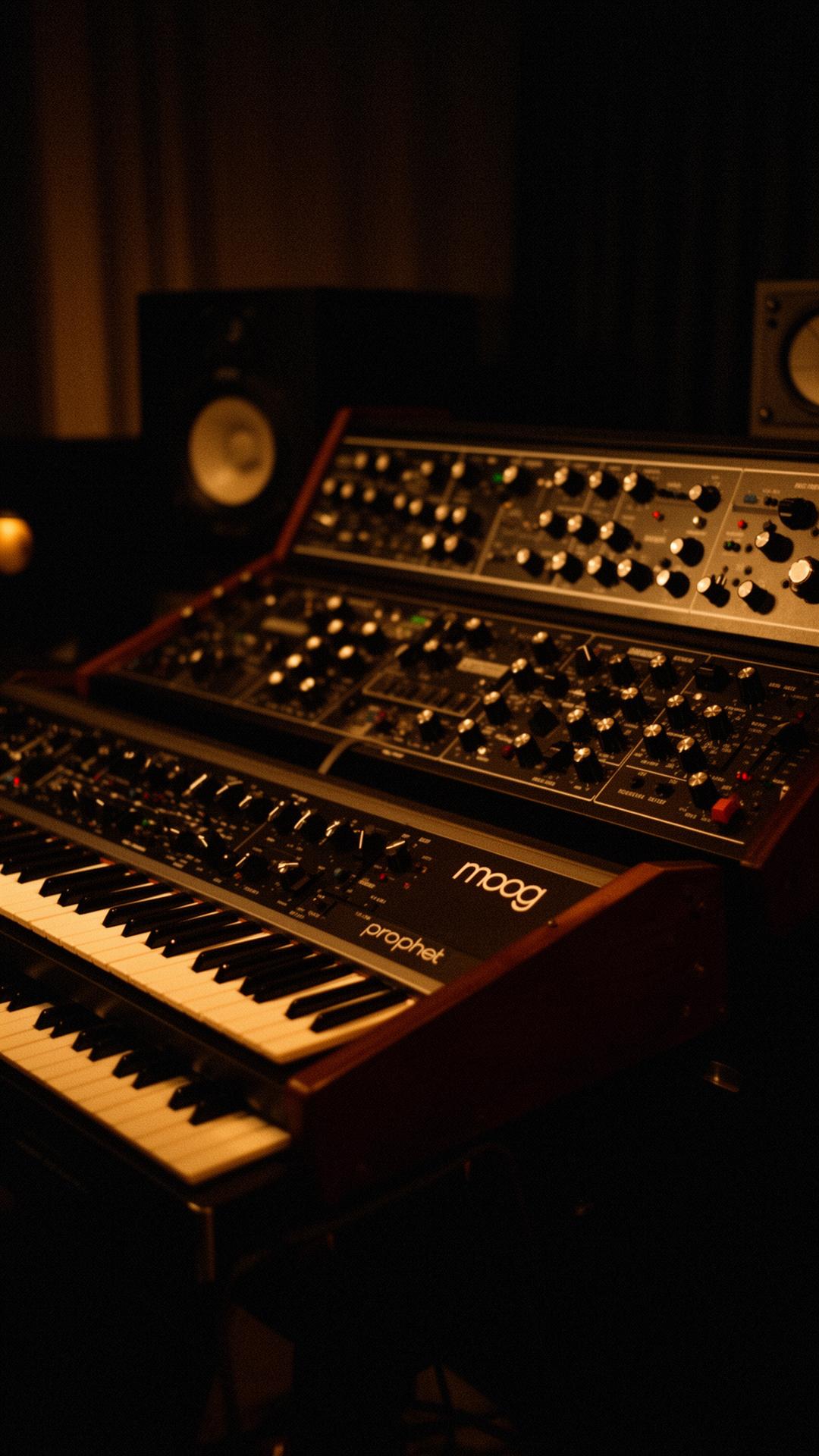 Vintage Moog and Prophet synthesizers